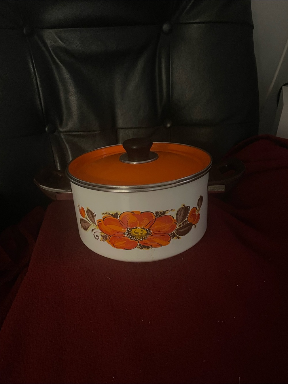 Vintage Japan Sanko Orange Floral Enamel Stockpot - White & Orange